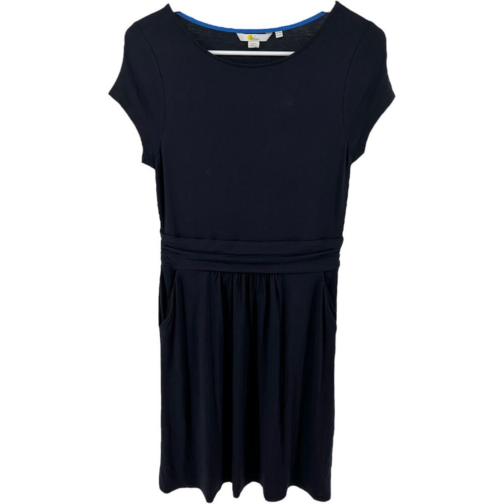 Boden Amelie Jersey Dress Fit Flare Knee Length Ruched Cap Sleeve Pockets Navy 6 - Picture 2 of 6